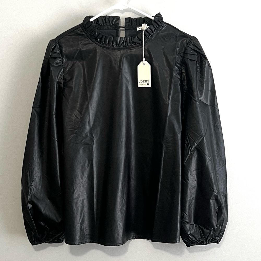 NWT Jodifl Boutique Faux Leather Long Sleeve Ruffle Neck Top